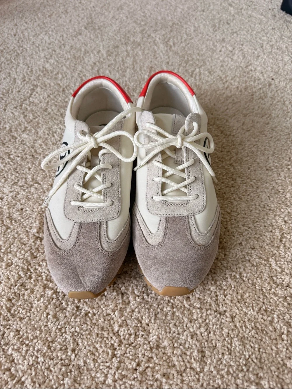 Neutral Suede & Leather Sneaker with Orange Heel and Forest Green Sole Accent